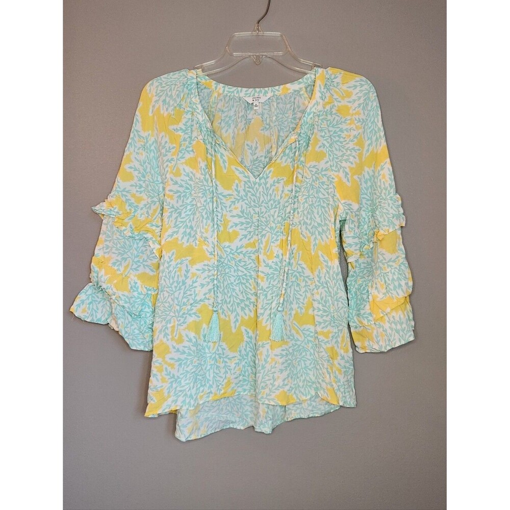 Crown & Ivy Yellow Floral Tassel V-Neck Blouse Size Medium